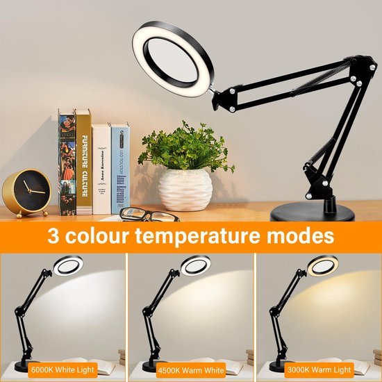 Unyqoos® Dimbare LED Bureaulamp met Vergrootglas en Klem voor Diverse Toepassingen