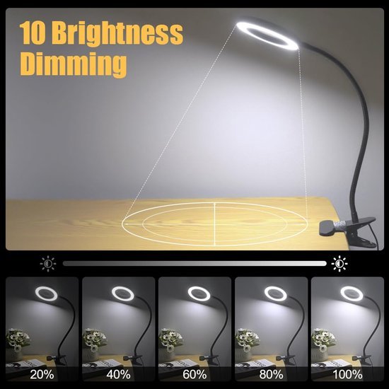 Unyqoos® Dimbare LED Vergrootlamp met Flexibele Zwanenhals en Clip voor Werktafels