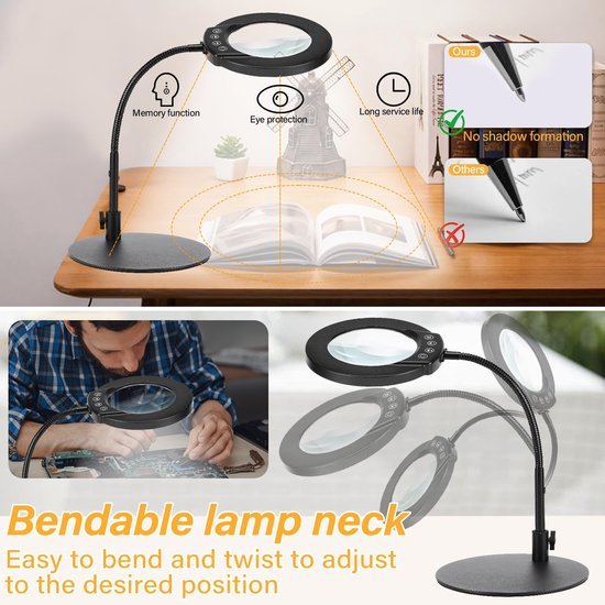 Unyqoos® Dimbare bureaulamp met vergrotingsglas en flexibele zwanenhals voor precisiewerk