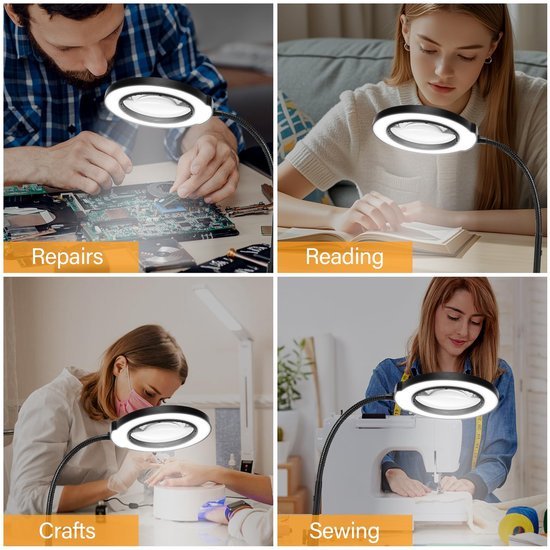 Unyqoos® Dimbare bureaulamp met vergrotingsglas en flexibele zwanenhals voor precisiewerk