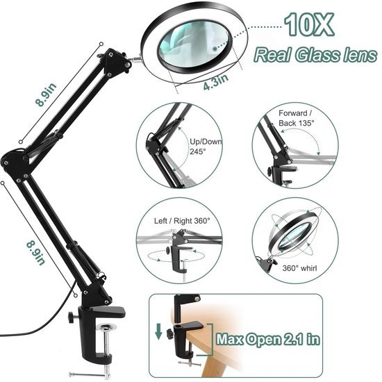 Unyqoos® Tafelvergrootglas met Verlichting en Standaard voor Nauwkeurig Werken en Lezen