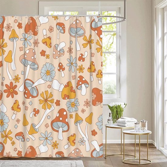 550x550-6497.jpg Unyqoos® Stijlvol en Kleurrijk Douchegordijn met Levendige Paddenstoelenprint voor Badkamerdecoratie, Inclusief 12 Haken