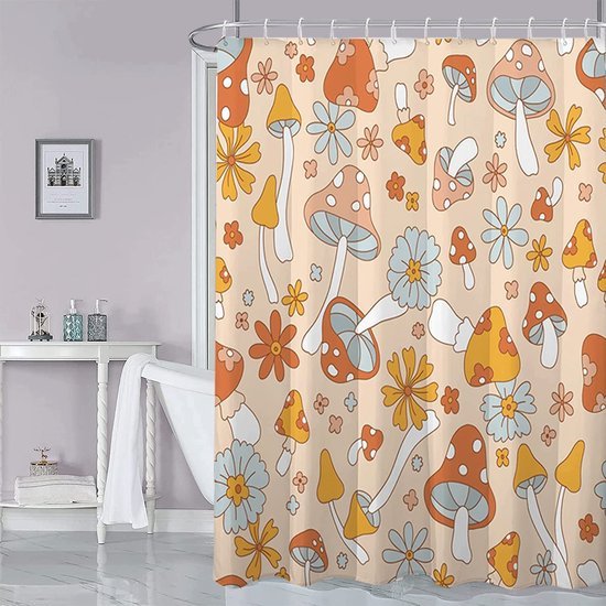 550x550-6499.jpg Unyqoos® Stijlvol en Kleurrijk Douchegordijn met Levendige Paddenstoelenprint voor Badkamerdecoratie, Inclusief 12 Haken