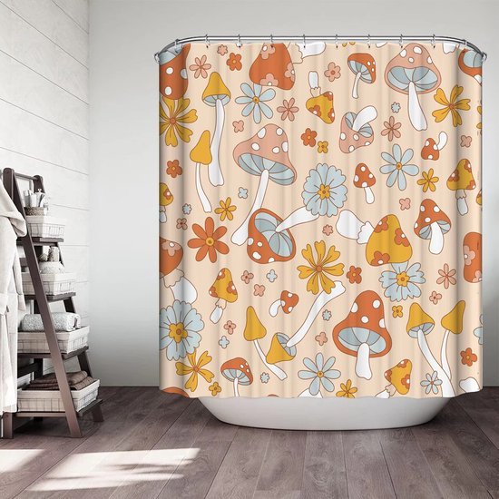550x550-6501.jpg Unyqoos® Stijlvol en Kleurrijk Douchegordijn met Levendige Paddenstoelenprint voor Badkamerdecoratie, Inclusief 12 Haken
