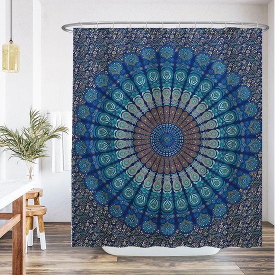 Unyqoos® Verfrissend Mandala Douchegordijn in Blauw - Waterafstotend en Schimmelwerend Met 12 Ringen
