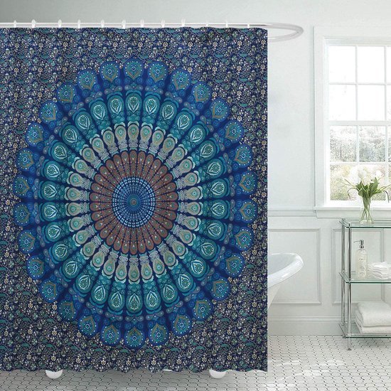 Unyqoos® Verfrissend Mandala Douchegordijn in Blauw - Waterafstotend en Schimmelwerend Met 12 Ringen