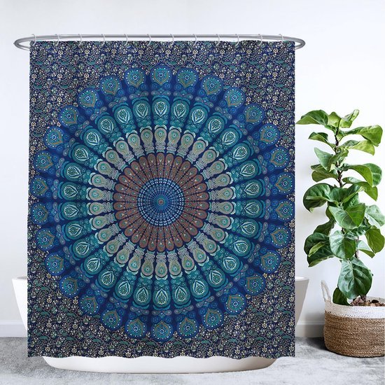 Unyqoos® Verfrissend Mandala Douchegordijn in Blauw - Waterafstotend en Schimmelwerend Met 12 Ringen