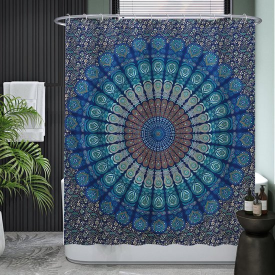Unyqoos® Verfrissend Mandala Douchegordijn in Blauw - Waterafstotend en Schimmelwerend Met 12 Ringen