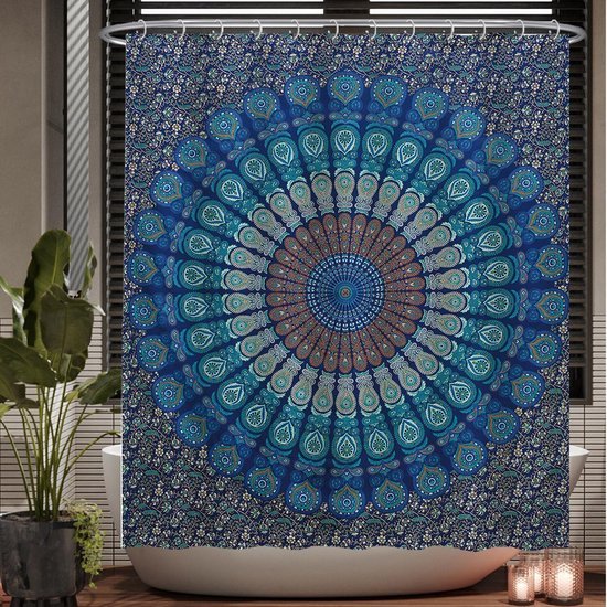 Unyqoos® Verfrissend Mandala Douchegordijn in Blauw - Waterafstotend en Schimmelwerend Met 12 Ringen