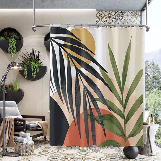 Unyqoos® Stijlvolle Boho Doucheschermset met Tropische Planten en Abstracte Patronen, Inclusief 12 Haken, 183x183 cm