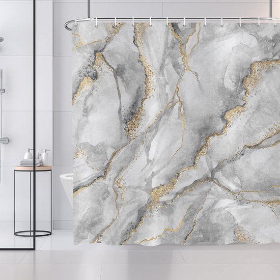 Unyqoos® Stijlvol Marmerlook Douchegordijn met Abstracte Design in Grijs, Wit en Goud, 180 x 200 cm