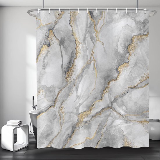Unyqoos® Stijlvol Marmerlook Douchegordijn met Abstracte Design in Grijs, Wit en Goud, 180 x 200 cm