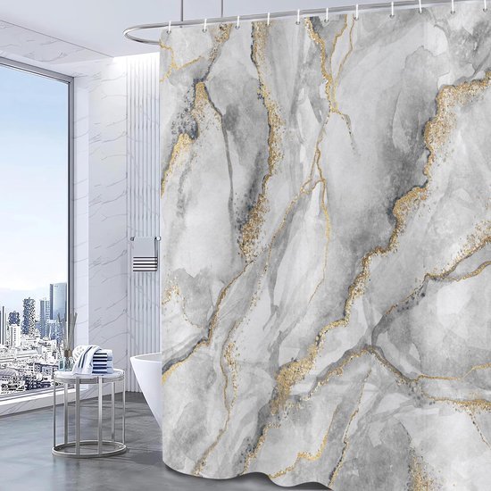 Unyqoos® Stijlvol Marmerlook Douchegordijn met Abstracte Design in Grijs, Wit en Goud, 180 x 200 cm