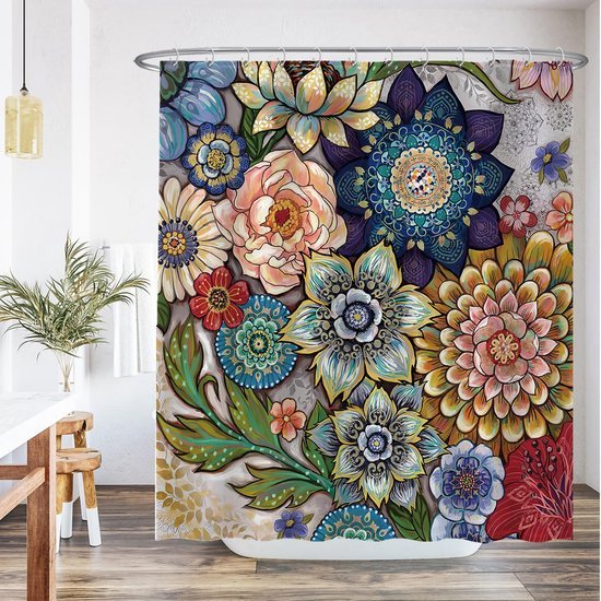 Unyqoos® Decoratief Douchegordijn met Levendige Bloemenprint en Kunstzinnige Natuurelementen, 180 x 200 cm, Wasbaar, Waterafstotend, Inclusief 12 Ophangringen
