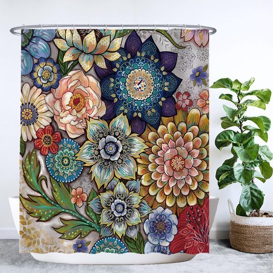 Unyqoos® Decoratief Douchegordijn met Levendige Bloemenprint en Kunstzinnige Natuurelementen, 180 x 200 cm, Wasbaar, Waterafstotend, Inclusief 12 Ophangringen