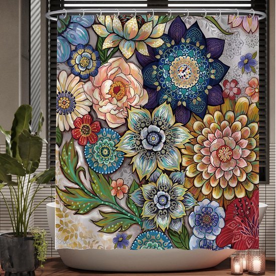 Unyqoos® Decoratief Douchegordijn met Levendige Bloemenprint en Kunstzinnige Natuurelementen, 180 x 200 cm, Wasbaar, Waterafstotend, Inclusief 12 Ophangringen