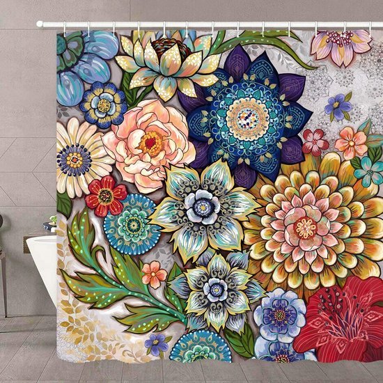 Unyqoos® Decoratief Douchegordijn met Levendige Bloemenprint en Kunstzinnige Natuurelementen, 180 x 200 cm, Wasbaar, Waterafstotend, Inclusief 12 Ophangringen