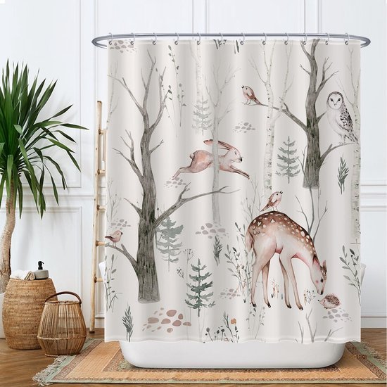 Unyqoos® Stijlvol Natuurthema Douchegordijn met Vrolijke Dierenprint - 180 x 200 cm - Inclusief 12 Ringen