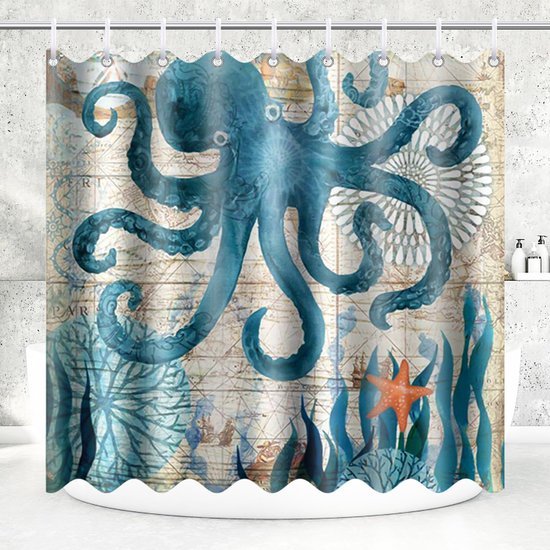 Unyqoos® Stijlvol en Schimmelwerend Douchegordijn 180 x 200 cm met Octopusprint en Ringen