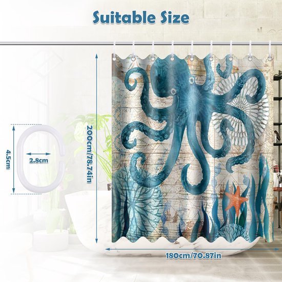 Unyqoos® Stijlvol en Schimmelwerend Douchegordijn 180 x 200 cm met Octopusprint en Ringen