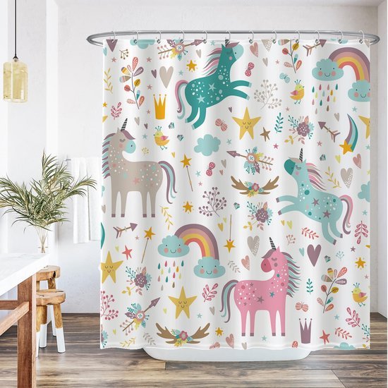 Unyqoos® Betoverend Douchegordijn met Eenhoorn, Wolken en Regenboog voor een Magische Badkamerervaring