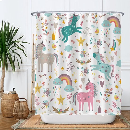Unyqoos® Betoverend Douchegordijn met Eenhoorn, Wolken en Regenboog voor een Magische Badkamerervaring