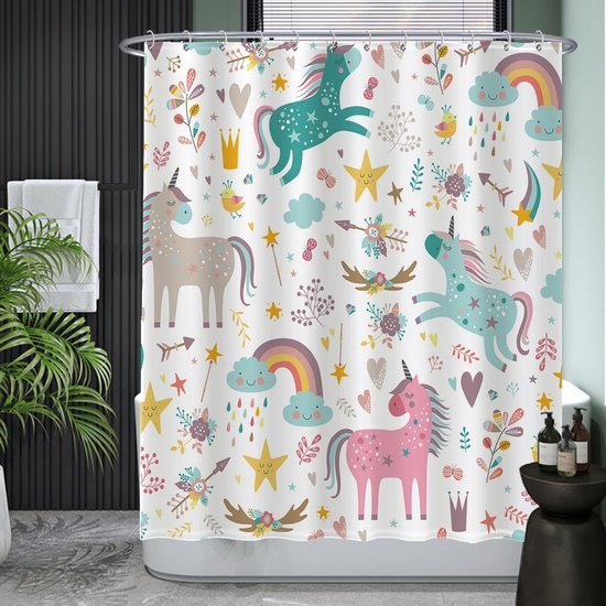 Unyqoos® Betoverend Douchegordijn met Eenhoorn, Wolken en Regenboog voor een Magische Badkamerervaring