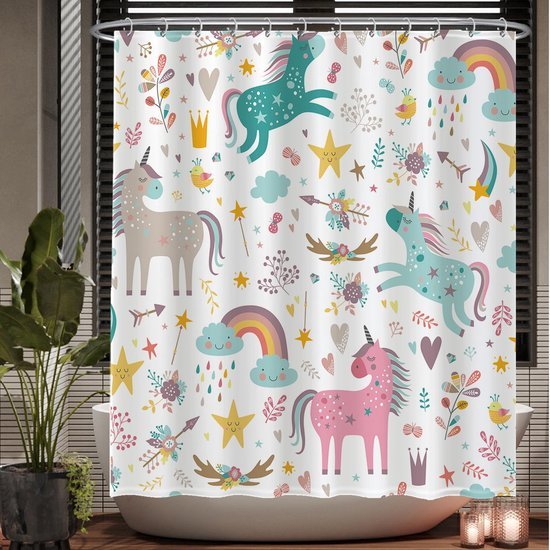 Unyqoos® Betoverend Douchegordijn met Eenhoorn, Wolken en Regenboog voor een Magische Badkamerervaring