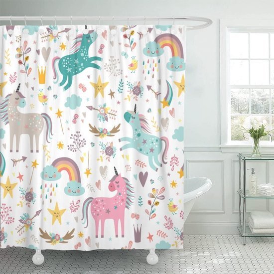 Unyqoos® Betoverend Douchegordijn met Eenhoorn, Wolken en Regenboog voor een Magische Badkamerervaring