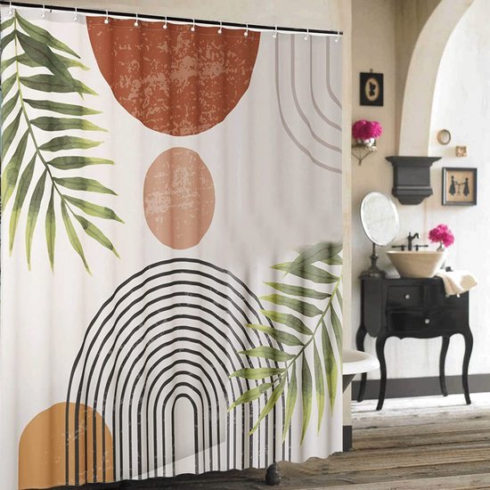 Unyqoos® Retro-Boho Stijlvolle Doucheschermset met Abstracte Boog en Zon, 183x183 cm, Inclusief Haken