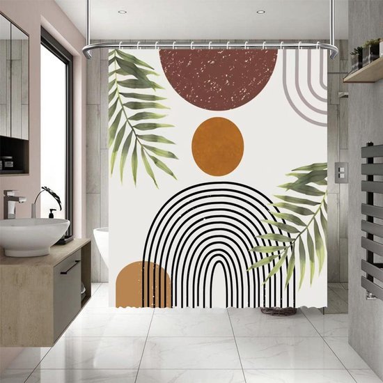 Unyqoos® Retro-Boho Stijlvolle Doucheschermset met Abstracte Boog en Zon, 183x183 cm, Inclusief Haken
