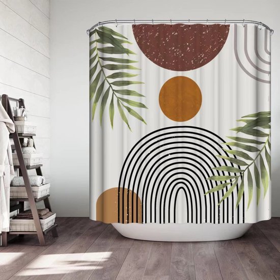 Unyqoos® Retro-Boho Stijlvolle Doucheschermset met Abstracte Boog en Zon, 183x183 cm, Inclusief Haken