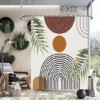 Unyqoos® Retro-Boho Stijlvolle Doucheschermset met Abstracte Boog en Zon, 183x183 cm, Inclusief Haken