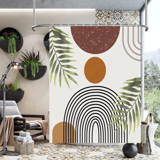 Unyqoos® Retro-Boho Stijlvolle Doucheschermset met Abstracte Boog en Zon, 183x183 cm, Inclusief Haken