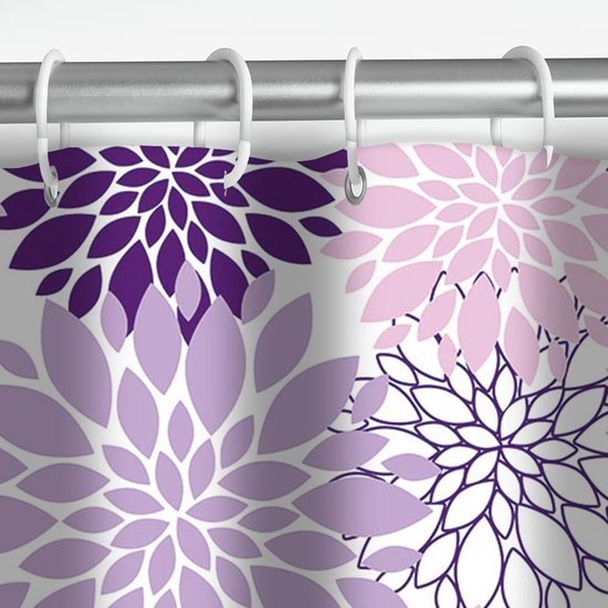 Unyqoos® Waterdicht douchegordijn met paarse bloemen en 12 haken voor de badkamer
