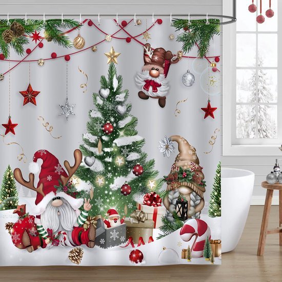Unyqoos® Kerst Douchegordijn met Kabouters en Ballen voor Feestelijke Badkamer