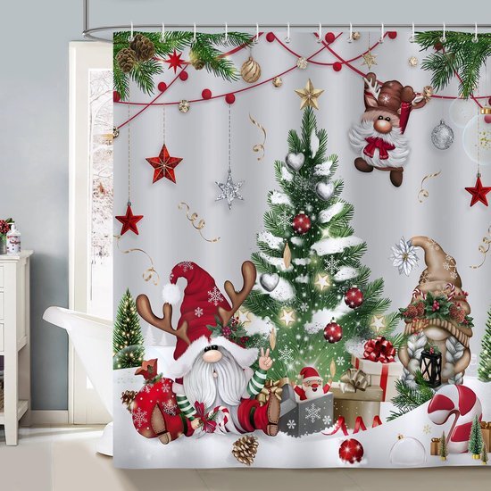 Unyqoos® Kerst Douchegordijn met Kabouters en Ballen voor Feestelijke Badkamer