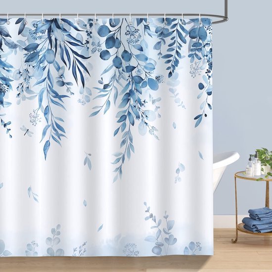 Unyqoos® Stijlvol douchegordijn met blauwe eucalyptus bladeren, waterdicht en wasbaar inclusief haken