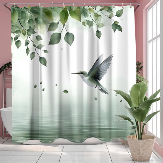 550x550-7101.jpg Unyqoos® Waterafstotend en wasbaar douchegordijn met groene bladerenprint en ringen