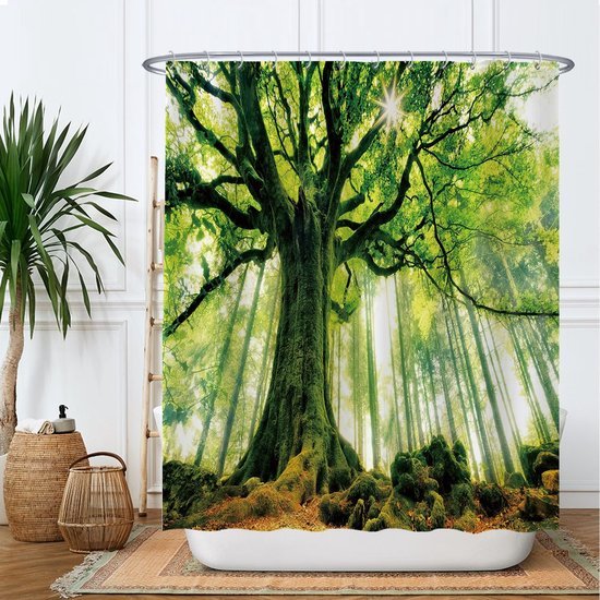 Unyqoos® Verfrissend Douchegordijn met Natuurprint, Anti-Schimmel en Waterafstotend, 180 x 200 cm, Inclusief 12 Ringen