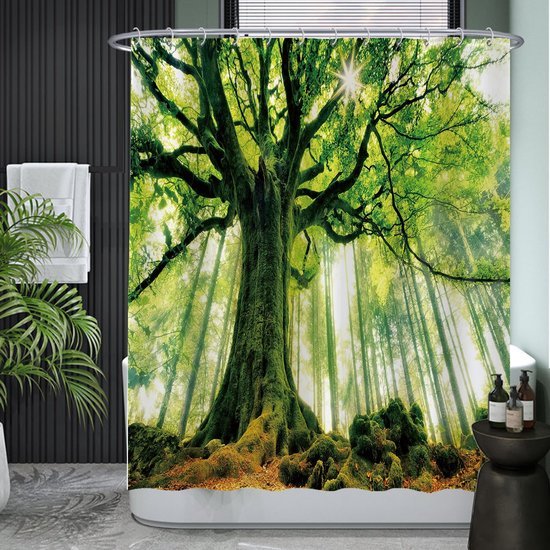 Unyqoos® Verfrissend Douchegordijn met Natuurprint, Anti-Schimmel en Waterafstotend, 180 x 200 cm, Inclusief 12 Ringen