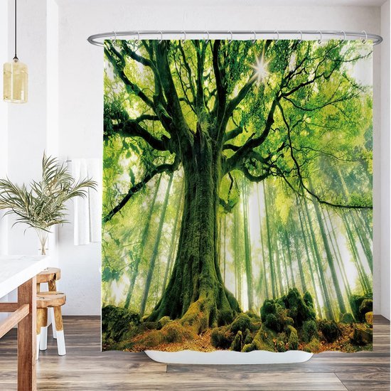 Unyqoos® Verfrissend Douchegordijn met Natuurprint, Anti-Schimmel en Waterafstotend, 180 x 200 cm, Inclusief 12 Ringen