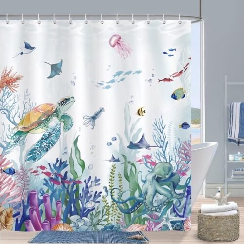 550x550-7206.jpg Unyqoos® Schimmelbestendig en Waterdicht Douchegordijn met Zeeleven Print voor Badkamer