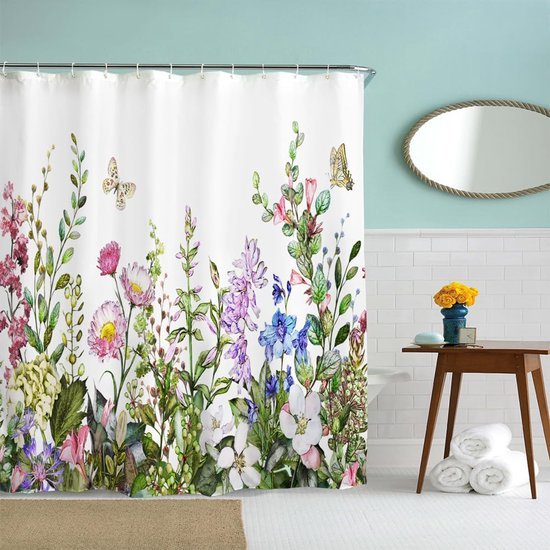 Unyqoos® Douchescherm met Bloemenpatroon, Vlinders en Wildbloemen, Waterdicht en Schimmelbestendig, 180 x 180 cm