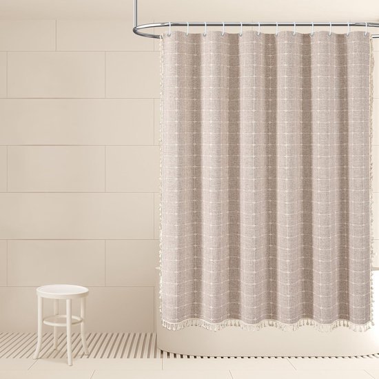 Unyqoos® Luxe Bohemian Douchegordijn van Linnen met Decoratieve Kwastjes en Geometrisch Ontwerp