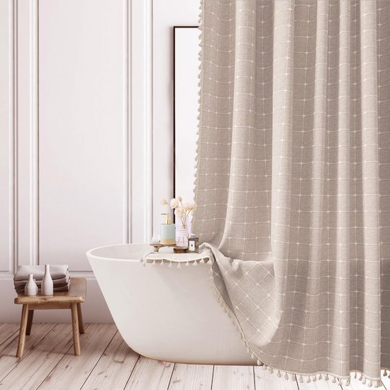 Unyqoos® Luxe Bohemian Douchegordijn van Linnen met Decoratieve Kwastjes en Geometrisch Ontwerp