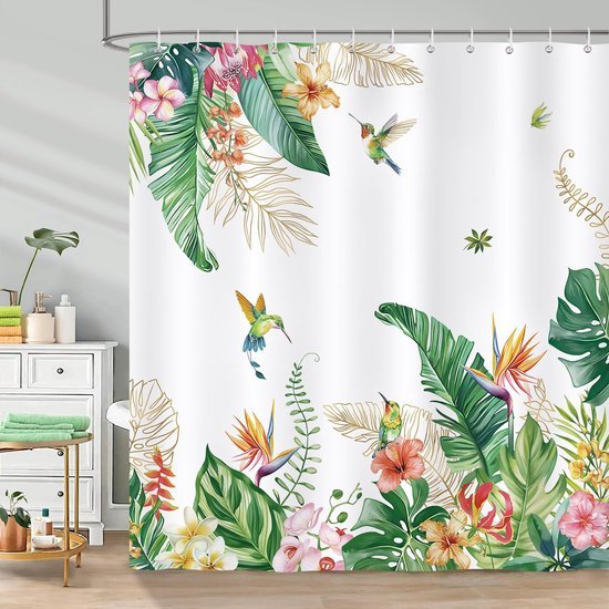 Unyqoos® Douchgordijn met Tropische Bloemen en Vogels voor een Frisse Badkamerervaring