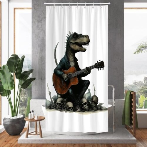 550x550-7313.jpg Unyqoos® Speelse douchegordijn met gitaarspelende dinosaurus voor badkamerplezier