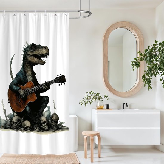 550x550-7317.jpg Unyqoos® Speelse douchegordijn met gitaarspelende dinosaurus voor badkamerplezier