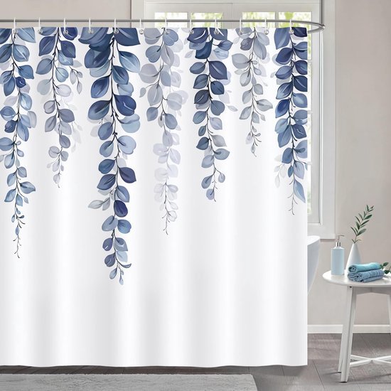 Unyqoos® Stijlvol douchegordijn met blauwe eucalyptusbladeren, waterdicht en schimmelwerend, inclusief 12 haken